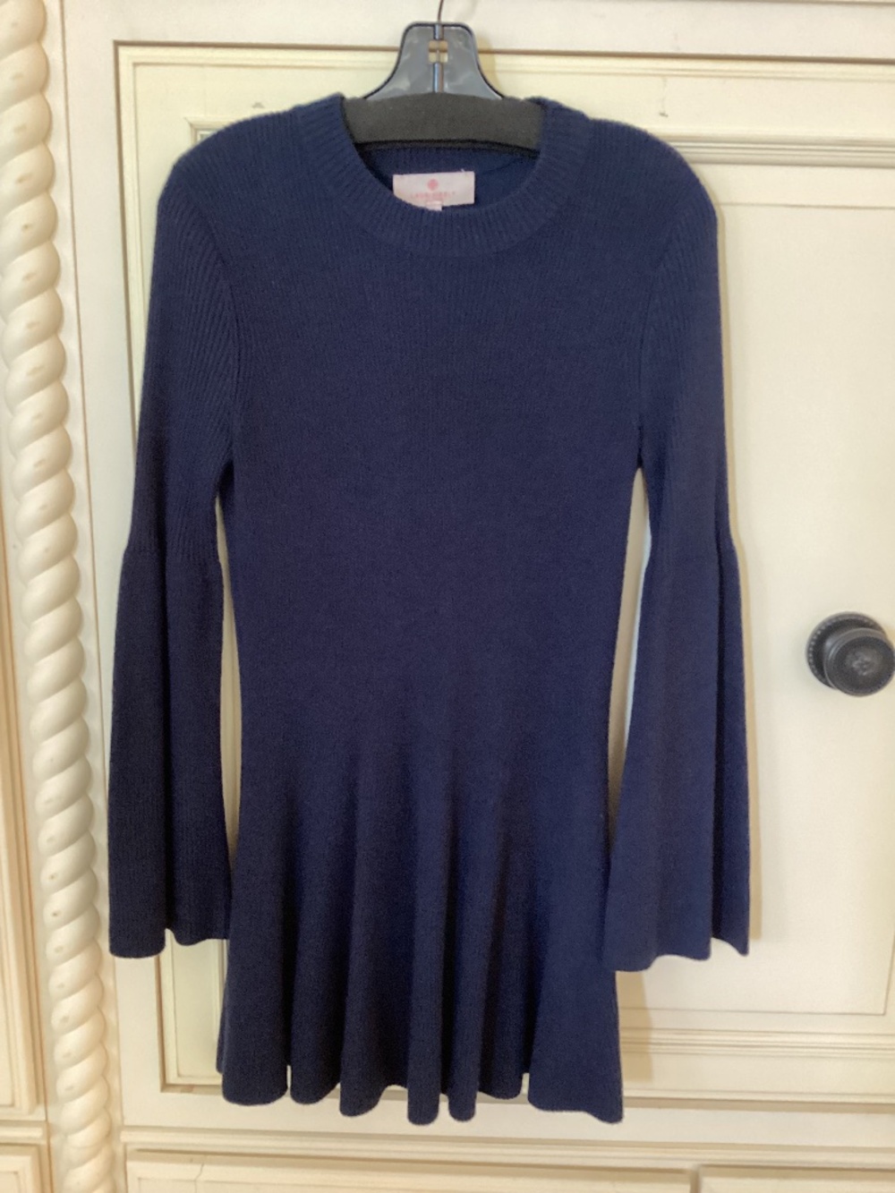 LORI FELT - BELL SLEEVE SWEATER / DRESS - NAVY BLUE RIBBED KNIT - SIZE M